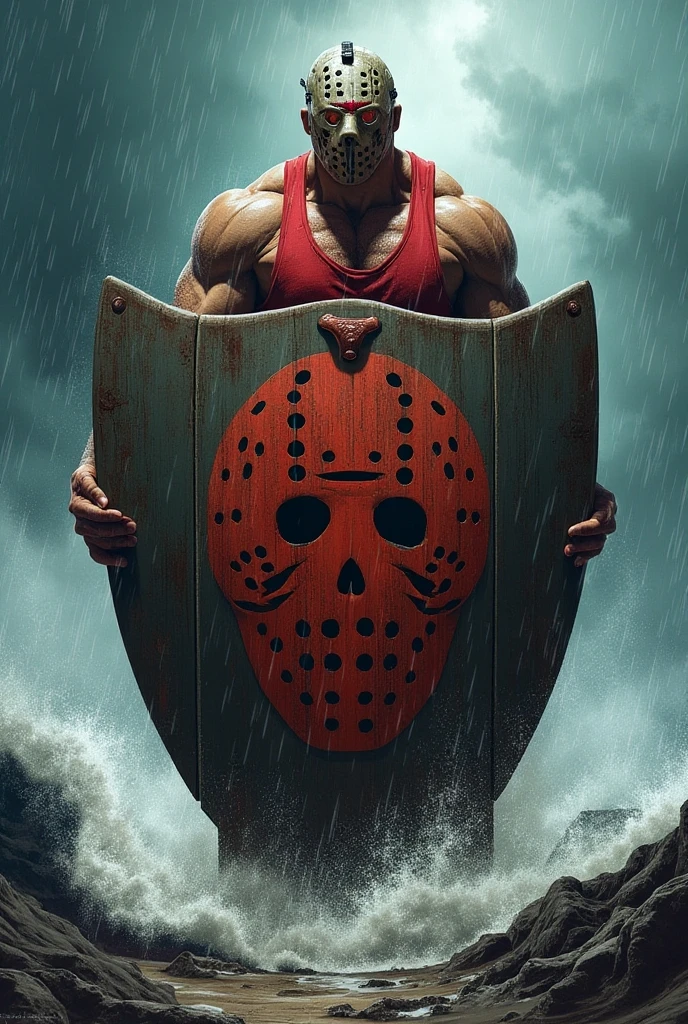 (masterpiece, 4K, ultra detailed), Jason Voorhees, single, masculine, lake, cartoony, realistic, single Jason's white mask, shirtless, muscular, lean, eight-pack, hands up behing head, hairy armpits, tight red swim trunks