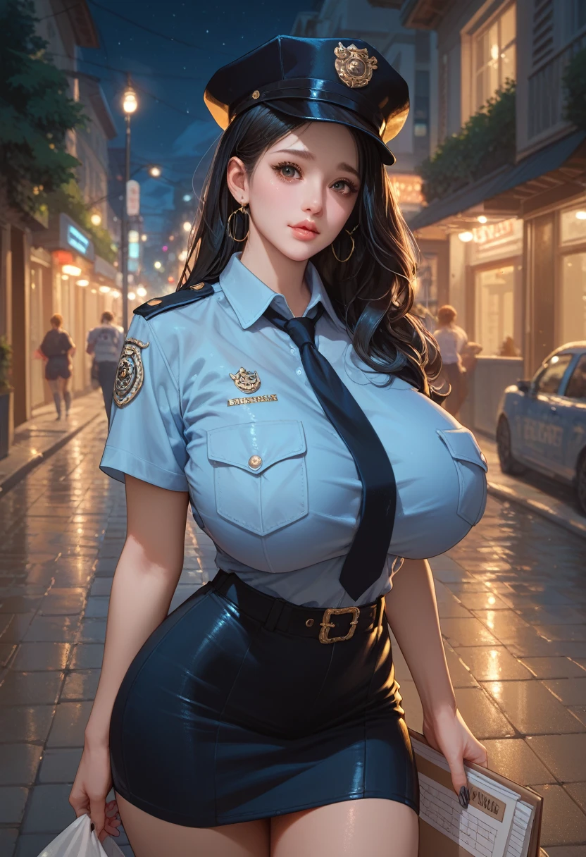 girl, cute, long black hair, tall, huge breasts, police uniform, police hat, writing on a notepad, street, night