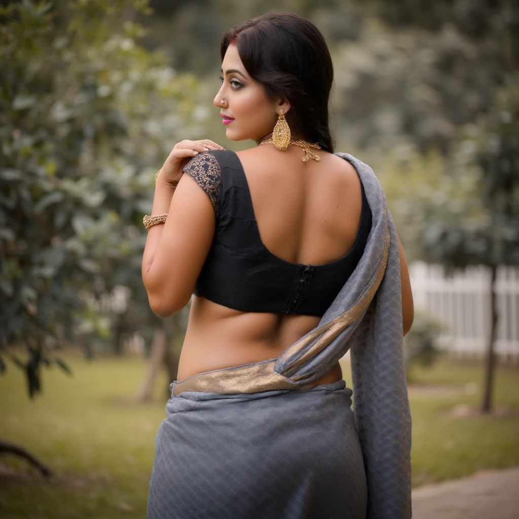 **Tags**  
1girl, full_body, beautiful_back, saree, grey_saree, black_blouse, thick_curves, hourglass_figure, curvy_hips, seductive_pose, traditional_outfit, standing, side_view, back_profile, slim_waist, plump, rich_embroidered_saree, highly_detailed, smooth_shading, confident_expression, elegant, Indian_beauty, luxurious_jewelry, detailed_hair, classic_look, intimate_gaze, graceful_figure, sensual, soft_background, refined allure.

**Description**  
In this full-body image, the woman stands confidently, exuding an elegant and sensual aura. Her figure is beautifully accentuated by a luxurious gray saree, which drapes elegantly around her curvy, thick body. The saree, though simple, boasts rich, intricate embroidery along the hem, adding depth and sophistication to her traditional attire. The black blouse hugs her slim waist and highlights her hourglass figure, drawing attention to her wide hips and full, curvy shape. 

Her back profile, shown in side view, reveals a beautifully sculpted back, with the fabric of the saree clinging to her form, emphasizing the curves of her waist and hips. Her posture is gracefully turned to the side, offering a full view of her curvaceous silhouette that flows down with natural elegance. Her hair is detailed and styled with precision, red flowers tucked in for a vibrant pop of color that complements the muted tones of her saree.

Her makeup is carefully applied, with her eyes framed by long lashes and defined eyeliner, creating an intimate, confident expression. A subtle, seductive smile plays on her lips as she glances back over her shoulder, her gaze captivating and magnetic. The traditional gold jewelry she wears—large earrings, a heavy necklace, and a delicate nose ring—gleams against her dark attire, further enhancing her allure. 

The soft background, blurred to focus on her, highlights the curves of her body and the intricate details of her saree. The lighting adds warmth and depth, casting a soft glow that makes her both ref