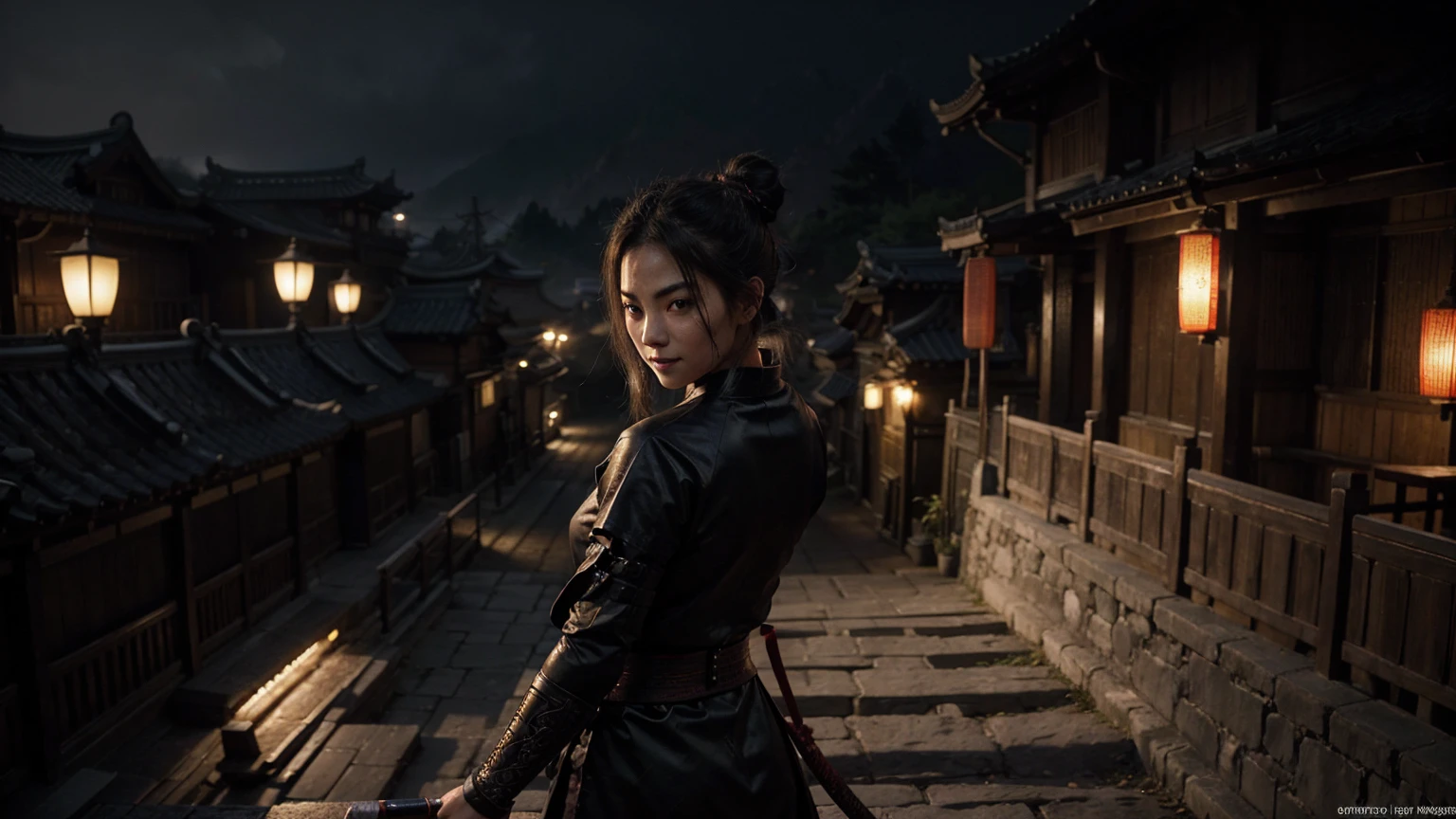 1 highly muscular female Samurai with kunais, ninja pose, the upper coltes are made of net, ninja facemask, detailed abs and muscles, detailed face, dark outfit, double hair buns, serious expression, Smiling glowing katana blade in hands or back, dynamic pose/pov, on a chinese ancient roof, in a misty olde chines village at night dark moody lighting, cinematic angle, hyperrealistic, digital art, illustration