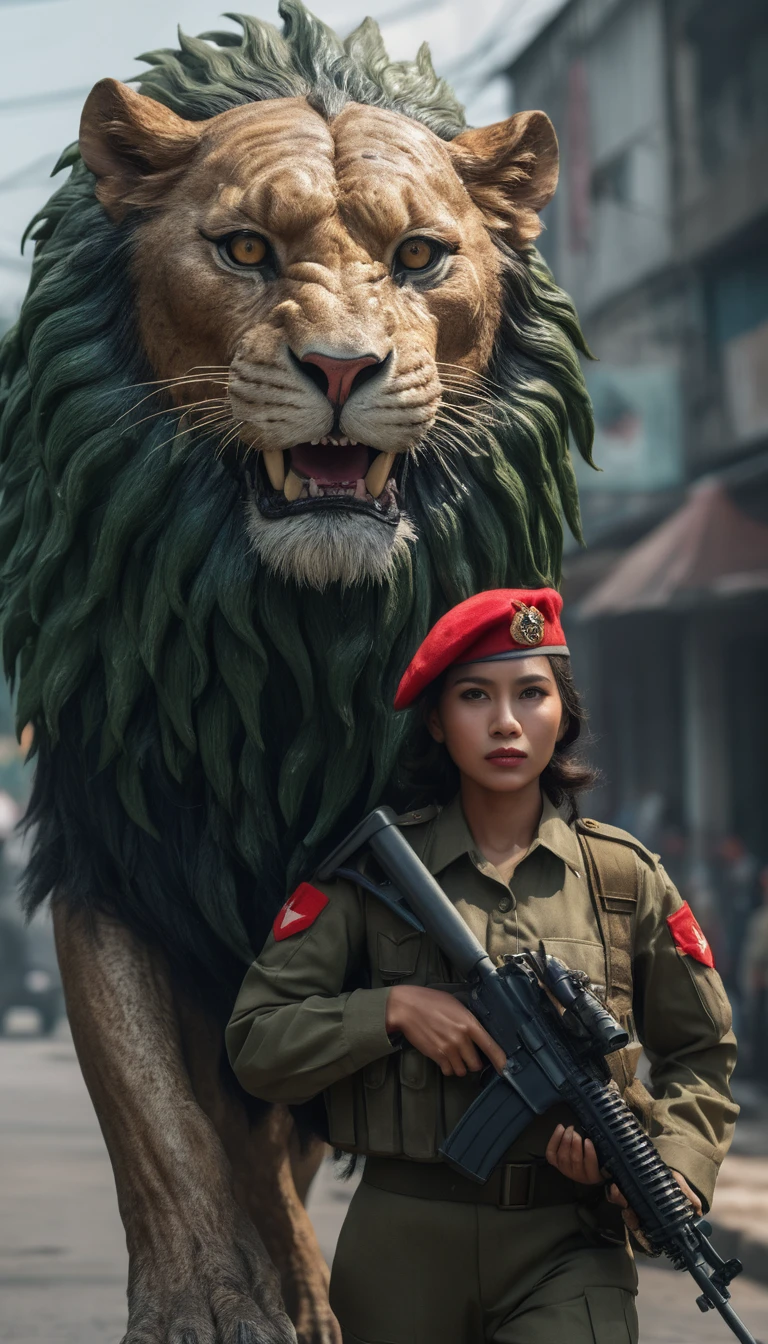 A highly detailed portrait of an Indonesian woman soldier wearing a red beret, holding an M16 rifle, with full military attire, walking on  street, accompanied by a massive Giant Lion standing beside her,Lion glowing eye, (best quality,4k,8k,highres,masterpiece:1.2),ultra-detailed,(realistic,photorealistic,photo-realistic:1.37),intricate details,exquisite lighting,cinematic,dramatic atmosphere,powerful expression,heroic pose,military precision,imposing presence of the Garuda,iconic Indonesian symbolism, green striped uniform,