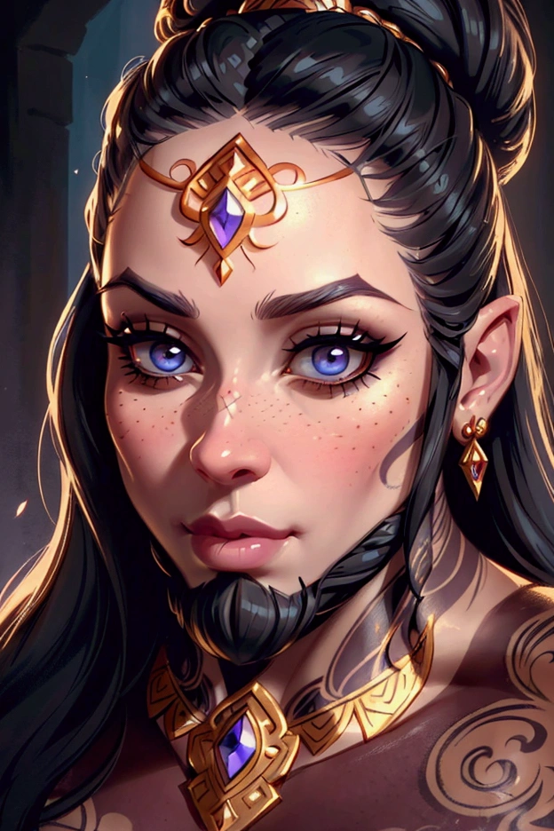 a female dwarf with a beautiful detailed tressed beard, close up portrait, intricate facial details, porcelain skin, large expressive eyes, long eyelashes, delicate nose, lush lips, detailed tattoos, ornate jewelry, fantasy character, digital painting, cinematic lighting, warm color palette, highly detailed, photorealistic, 8k, masterpiece