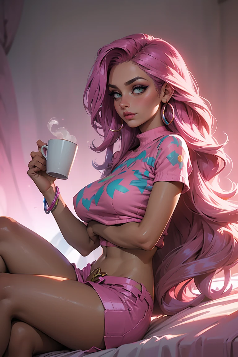 Goddess ((goddess-like woman)), slim elegant silhouette, masterpiece, best quality, (Arcade Miss Fortune/League of Legends), tanned skin, fair skin, cute face, (close angle), (masterpiece:1,2, best quality), (real image, intricate details), (1 lady, solo, medium tits), Big green eyes, kissable lips, full lips, straight hair, long Hair multi-colored hair, (Pink hair), side parting, voluminous side parting, voluminous hair, Long Hair, bracelet, hoop earrings, beautiful face, beautiful eyes, big eyes, irresistible smile, she is wearing a black panties and gray Crop Top and a fuzzy sweater, m3shm1cr0, skirt, short sleeves, midriff, crop top, hairstyle: short half tail, sweet irresistible smile, elegant pose, elegant hands, beautiful hands, perfect fingers , background: it's early in the morning, in a bedroom, sits cross-legged on a bed ((holding a cup of coffee)). bokeh,
