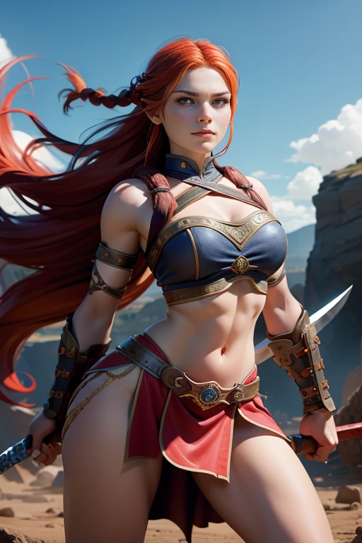  Young Viking woman , warrior,  long red hair tied in a single braid ,  amazonian body ,  generous hips , curvilinear,  blue eyes , armed with sword , vestida con un intrincado atuendo de warrior celtas y nórdicos, fierce expression and combat posture , highest quality,  masterpiece , super detail,  lyrics,  cinematographic lighting , without stage , bottomless.