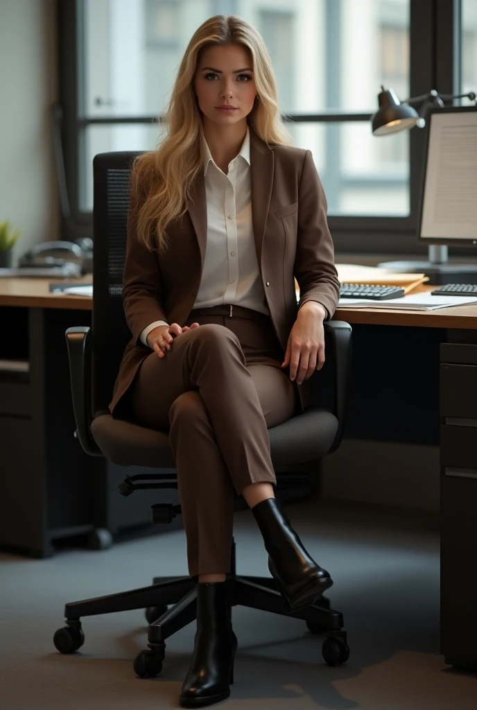 high quality,16K:1.1),(, Woman sitting on a chair in a coffee shop)(Full Body Shot:1.2),(Blonde、Glasses、ear piercing、smile、Beautiful teeth alignment、((Office Lady Suits、Knee-length skirt、tights、pumps)), ,(View your viewers:1.3),Coffee shop in the background