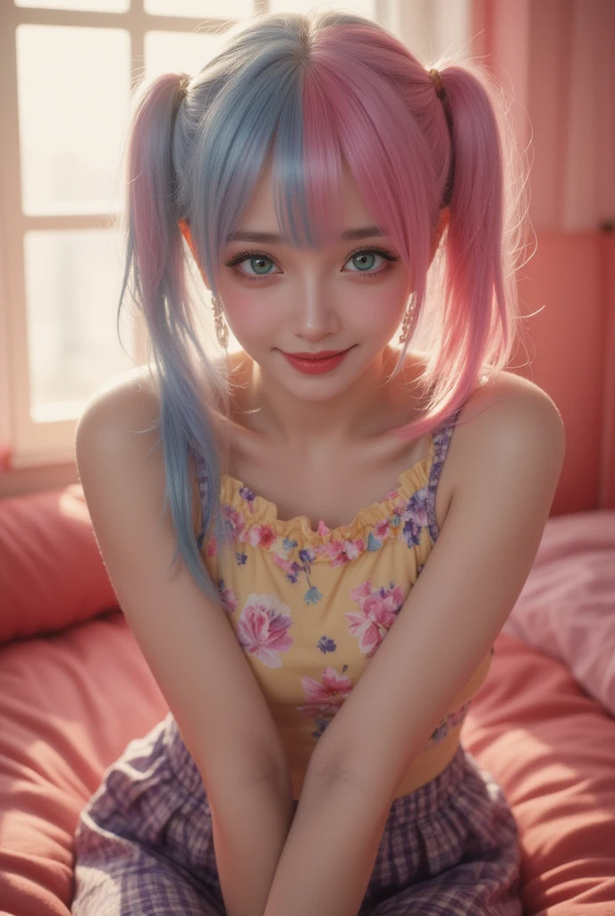 masterpiece、Highest quality、Very detailed、(Real、Hyperrealistic:1.2)、High resolution、RAW Photos、8k、Japanese Girl、18-year-old、Very cute face、Bitch、(smile:1.1)、Pink Hair、Light blue hair、 (Rainbow gradient hair)、(Hair Bun:1.2)、(Colorful Hair:1.8)、(All the colors of the rainbow:1.8)、Big eyes、transparent、Delicate makeup、Mouth closed、(Perfect exposed pussy:1.3)、Perfect M-legs、Perfect spread legs:1.2)、On the bed、(NSFW:1.5)、NUDE、No underwear、No bra、Mid-chest、(((Colored Background)))、(Colored Background)))、((High chroma)))、((Surrounded by colorful splashes of water)))、Perfect limbs、Perfect Fingers、