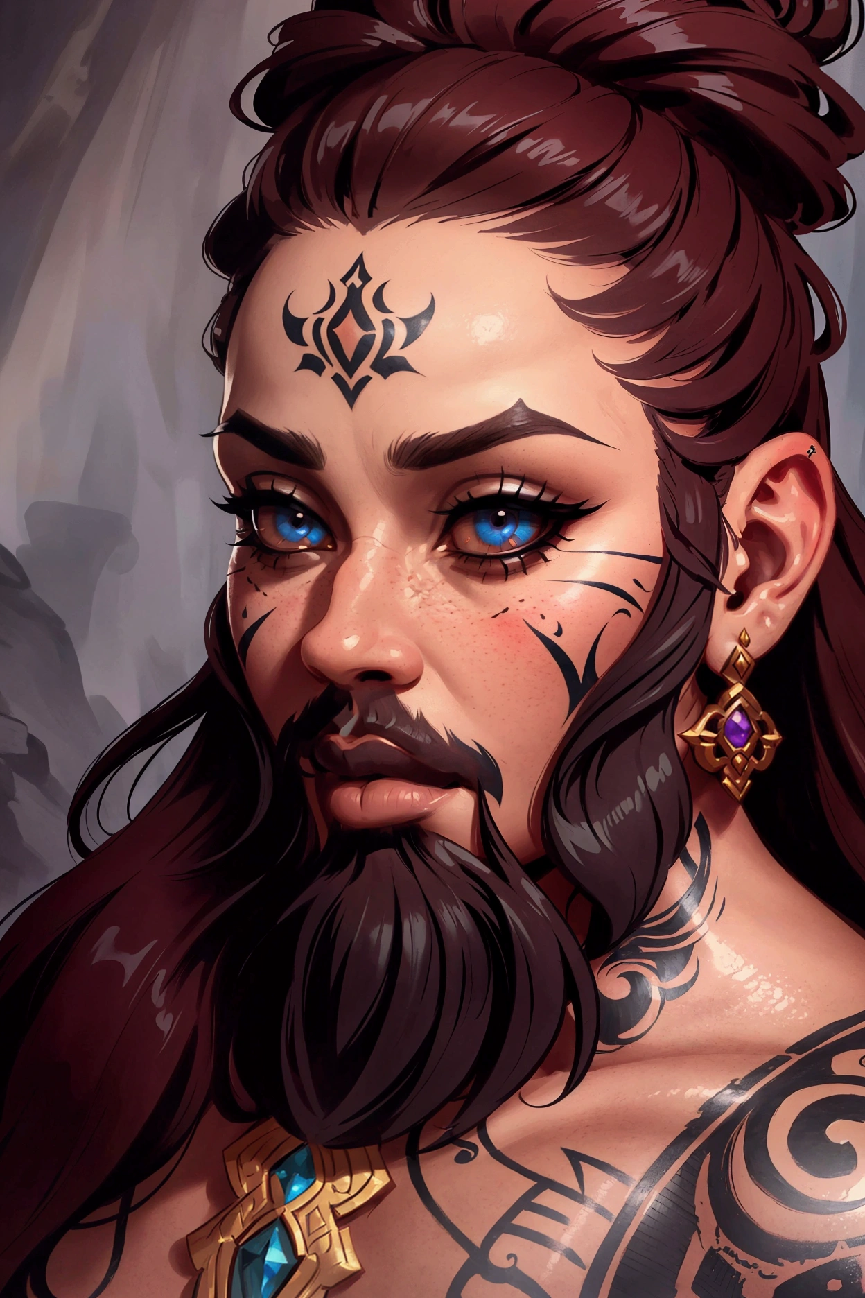 a female dwarf with a beautiful detailed beard, close up portrait, rough facial details, large expressive eyes, lush lips, detailed tattoos, ornate jewelry, fantasy character, digital painting, cinematic lighting, warm color palette, highly detailed, photorealistic, 8k, masterpiece