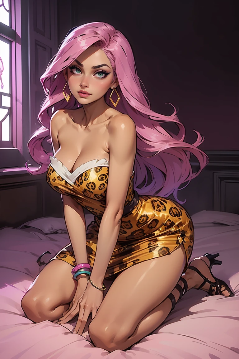 Goddess ((goddess-like woman)), slim elegant silhouette, masterpiece, best quality, (Arcade Miss Fortune/League of Legends), tanned skin, fair skin, cute face, (close angle), (masterpiece:1,2, best quality), (real image, intricate details), (1 lady, solo, medium tits), Big green eyes, kissable lips, full lips, straight hair, long Hair multi-colored hair, (Pink hair), side parting, voluminous side parting, voluminous hair, Long Hair, bracelet, hoop earrings, beautiful face, beautiful eyes, big eyes, irresistible smile, she Wears a wearing a leopard print Dress, l3odr3ss, dress, cleavage, bare shoulders, strapless, animal print, strapless dress, hands on hips, leopard print, full body, high heels, sweet irresistible smile, elegant pose, elegant hands, beautiful hands, perfect fingers, right hands, right Arms, background: bedroom, bright room, large window, kneeling on the bed
