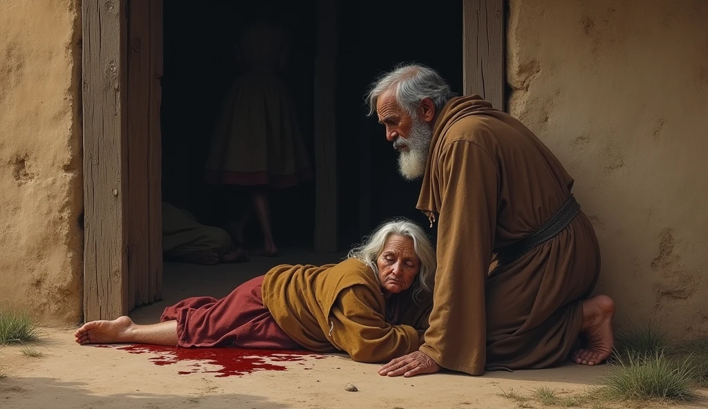 "Create an image that represents the biblical scene from Job 2:9-10. Show Job sitting on the ground, covered in wounds and sores, with an expression of pain, but still maintaining its integrity. Beside him, your wife is standing, looking at him with an expression of despair and frustration, while suggesting that he curse God and die. with his shaved white head an elderly gentleman and the scenery around is desolate and gloomy