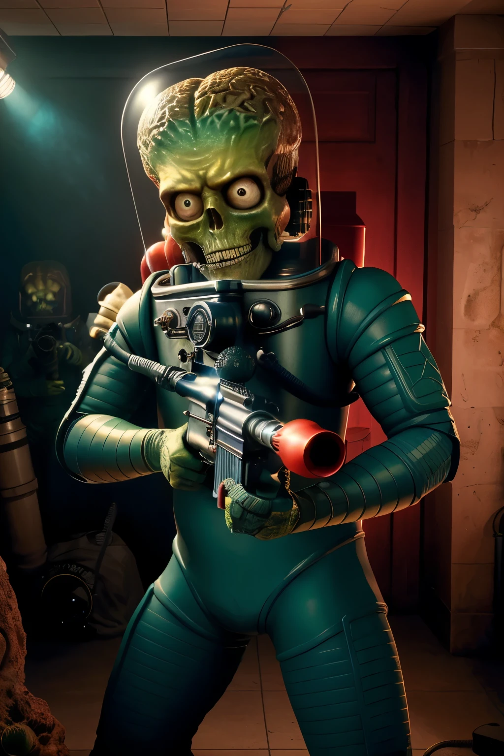 masterpiece, photorealistic highly detailed 8k Underwater Camera Perspective, best cinematic quality, volumetric lighting, msttck, green skin, red eyes, astronaut helmet, holding weapon, gun, Historic Architecture full of msttck around