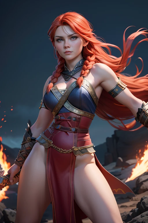  Young Viking woman , warrior,  long red hair tied in a single braid ,  amazonian body ,  generous hips , curvilinear,  blue eyes , armed with sword , vestida con un intrincado atuendo de warrior, fierce expression and combat posture , highest quality,  masterpiece , super detail,  lyrics,  cinematic lighting, without stage , bottomless.