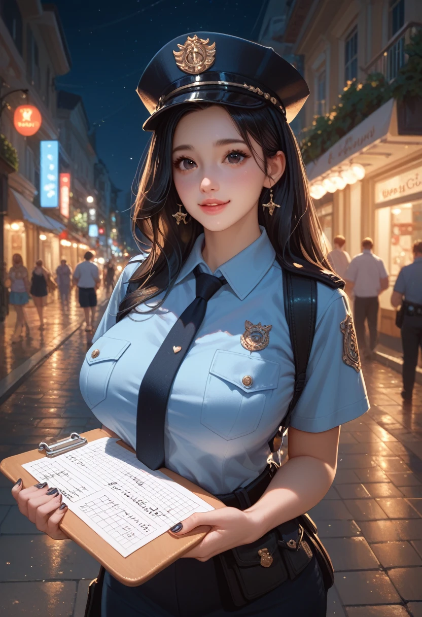 girl, cute, adorable, long black hair, tall, big breasts, police uniform, police hat, writing on a notepad, street, night