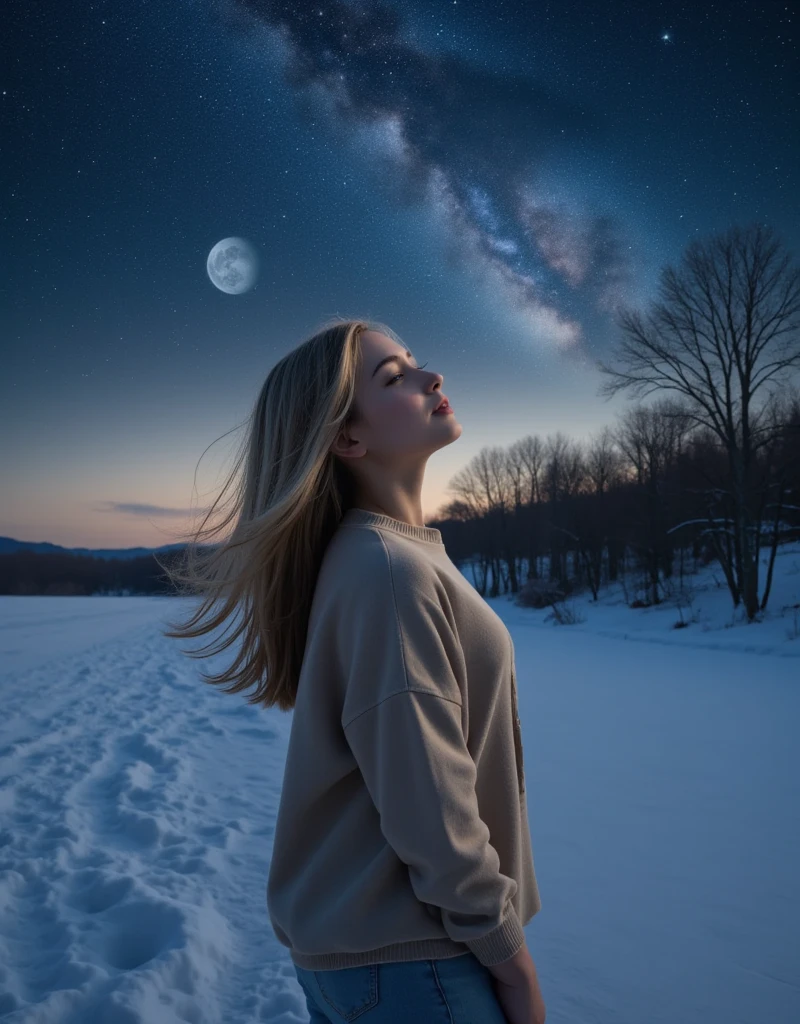 a beautiful blonde Thai girl in winter clothes observing the starry night sky, detailed face and eyes, detailed clothing, detailed winter landscape, ultra detailed, 8k, photorealistic, dramatic lighting, moody atmosphere, cold colors, cinematic, stars in the night sky, planets, meteor shower, wind blowing, dreamy expression, captivating