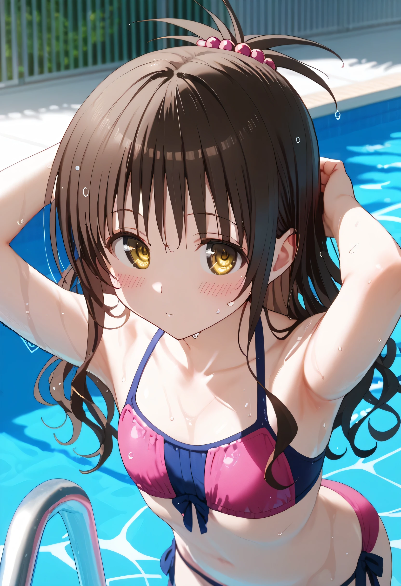 score_9,score_8_up,score_7_up,looking at viewer,blush,Yuki Mikan,long hair,brown hair,hair ornament,hair bobbles,sidelocks,bangs,yellow eyes,collarbone,flat chest,bikini, pink bikini, wet, pool, blush,arms up, pool, blush,bent over,sexy