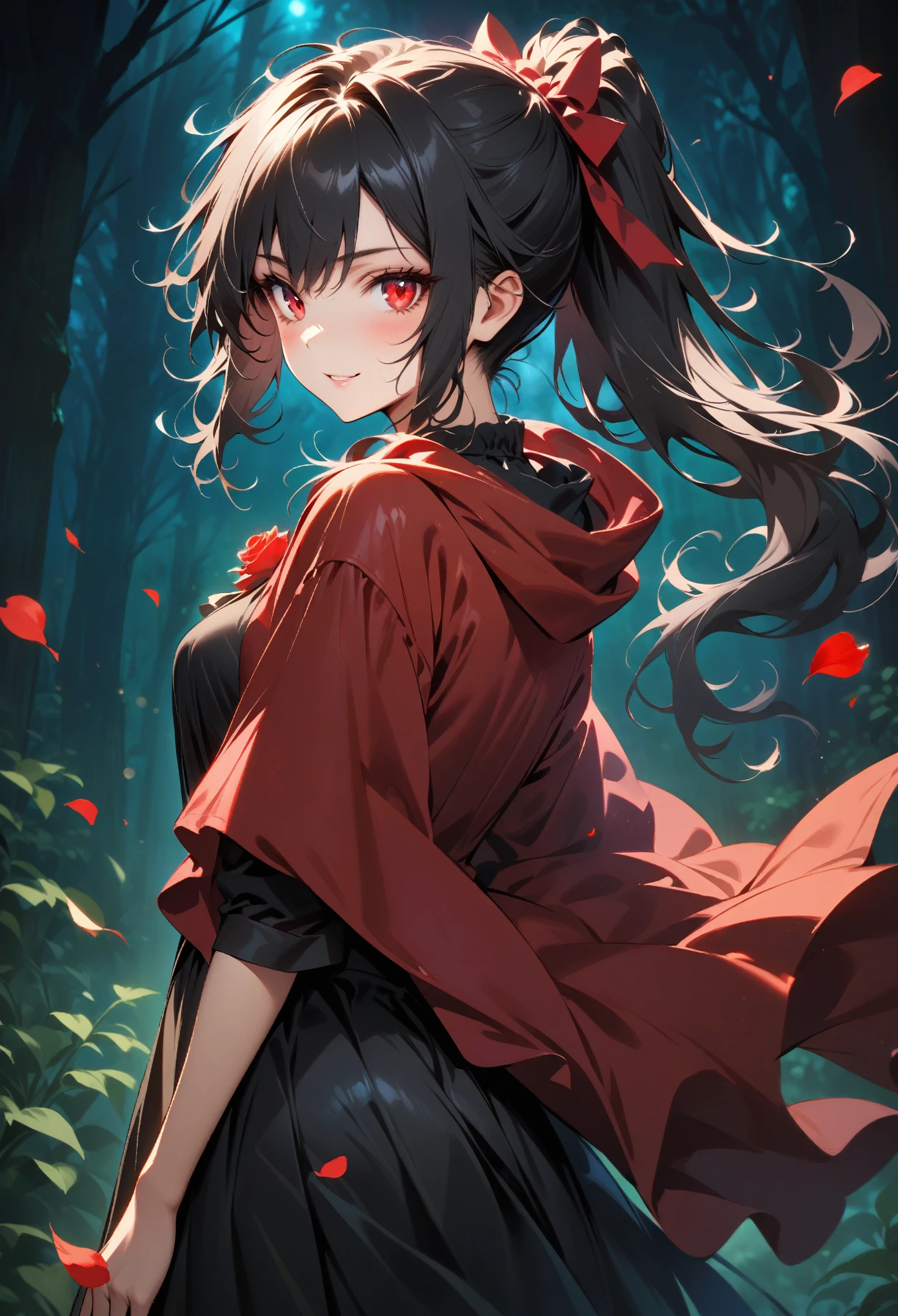 (((1girl))), ((((solo)))), ((messy hairstyle)), Neverland anime vibe, monsters, blood, dynamic pose,forest, scared, holding a gun,hiding from monsters (((Reddish-black hair)), white and red eyes, different eyes color, ripped clothes, anime vibe