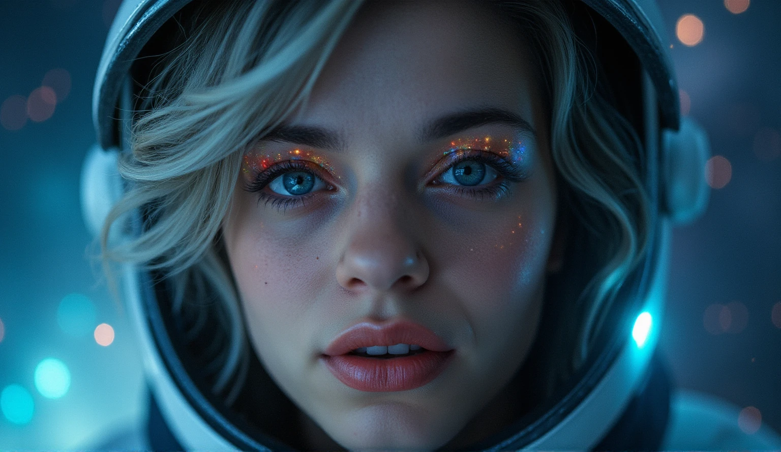 (Close-up of a better masterpiece:1.5)0.9], (Space and astronauts:1.2) (Messy silver hair:1.1) (Heterochromia xanthochromia and blue eyes:1.2) (Space Helmet:1.0) (Colored stars in the eyes:1.0) (A radiant glow:1.1) (thick lips:0.9)