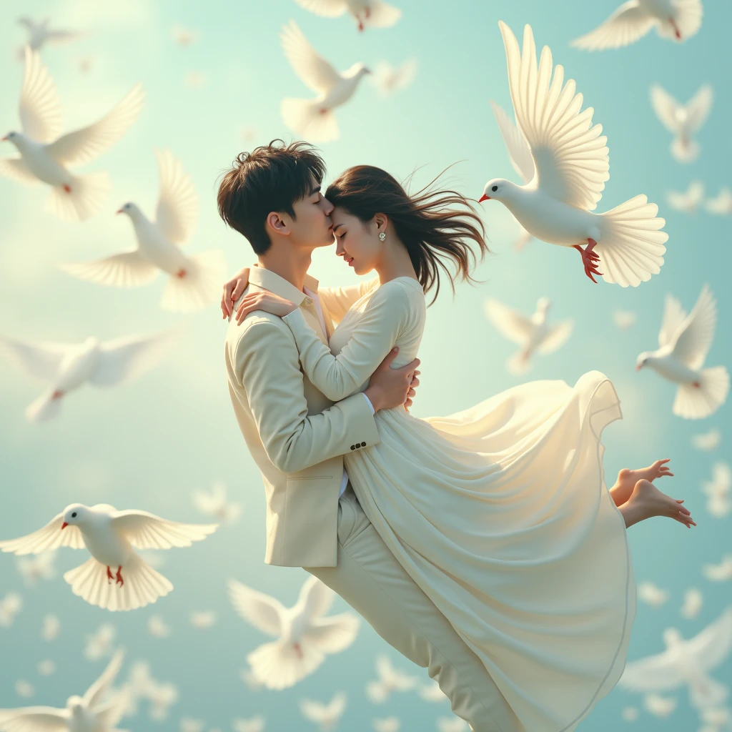 "(a paradise:1.2 | Bird wings:1.3 | feater:1.3)，Mind maps，Halo，𝓡𝓸𝓶𝓪𝓷𝓽𝓲𝓬，Hyper-realistic，The details are outstanding，Flowers or petals of heaven:1.2，Hazy beauty，Sophora flowers，Shine the light，hyper HD，rainbow，Dynamic effects，angelicales。"