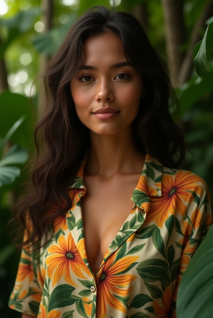 A Brazilian woman in a lush tropical garden, wearing an open shirt with a floral print, with a close-up capturing the harmonious beauty between her breasts and the natural flowers, showing off your natural charm and outgoing personality.