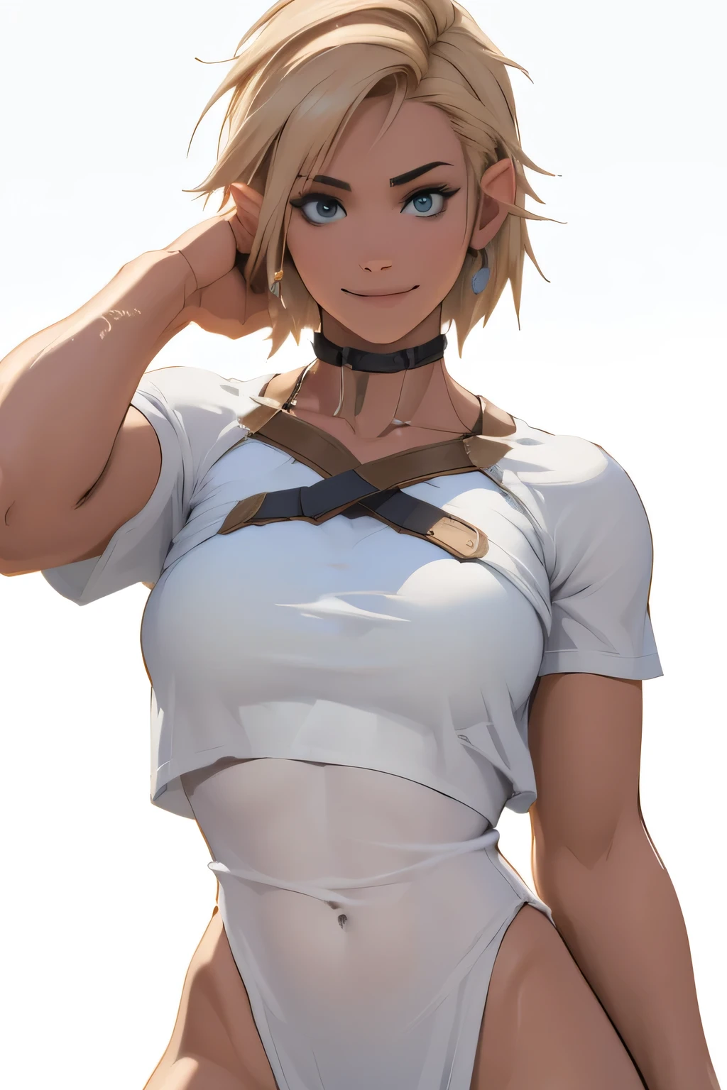 (best quality,4k,8k,highres,masterpiece:1.2), ultra-detailed, (realistic,photorealistic,photo-realistic:1.37), beautiful , beautiful slim and graceful figure, Samui from the anime Naruto, detailed face (6k), short haircut (light-colored hair), smiling, model pose