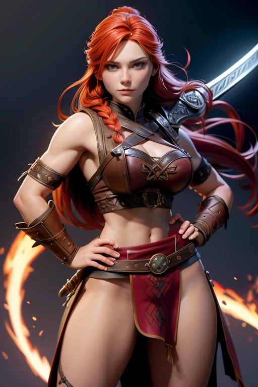  Young Viking woman , warrior,  long red hair tied in a single braid ,  amazonian body ,  generous hips , curvilinear, armed with sword ,  wears leather armor with leather linings and Celtic and Nordic knots, fur skirt, highest quality,  masterpiece , super detail,  lyrics,  cinematographic lighting , without stage .