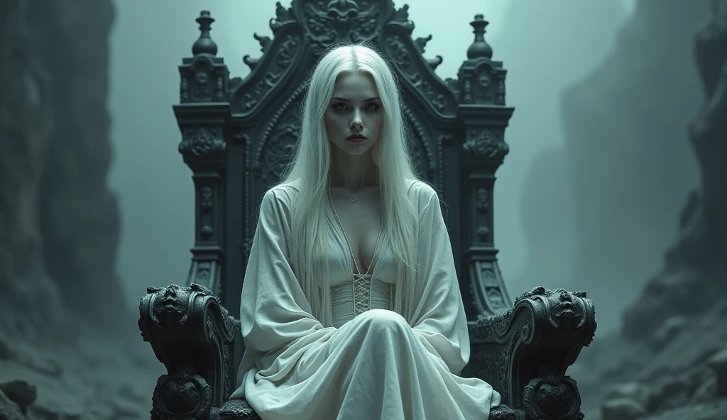(alta qualidade: 1.3), Cinematic shot, obra de arte, (sharp focus: 1.5), (fotorrealista: 1.3), Medium portrait of (uma linda jovem vampira, Pale skin, ainda orgulhoso e feroz, cabelo liso branco e lingo bob, gloomy appearance, dressed in a highly detailed white Japanese kimono, atmosfera escura, but sculpting the forms in sharp chiaroscuro), it&#39;s night, (pele altamente detalhada), (rosto detalhado),  fundo detalhado, dark lighting, twilight lighting, volumetric lighting, detalhes complexos, Ultra HD,