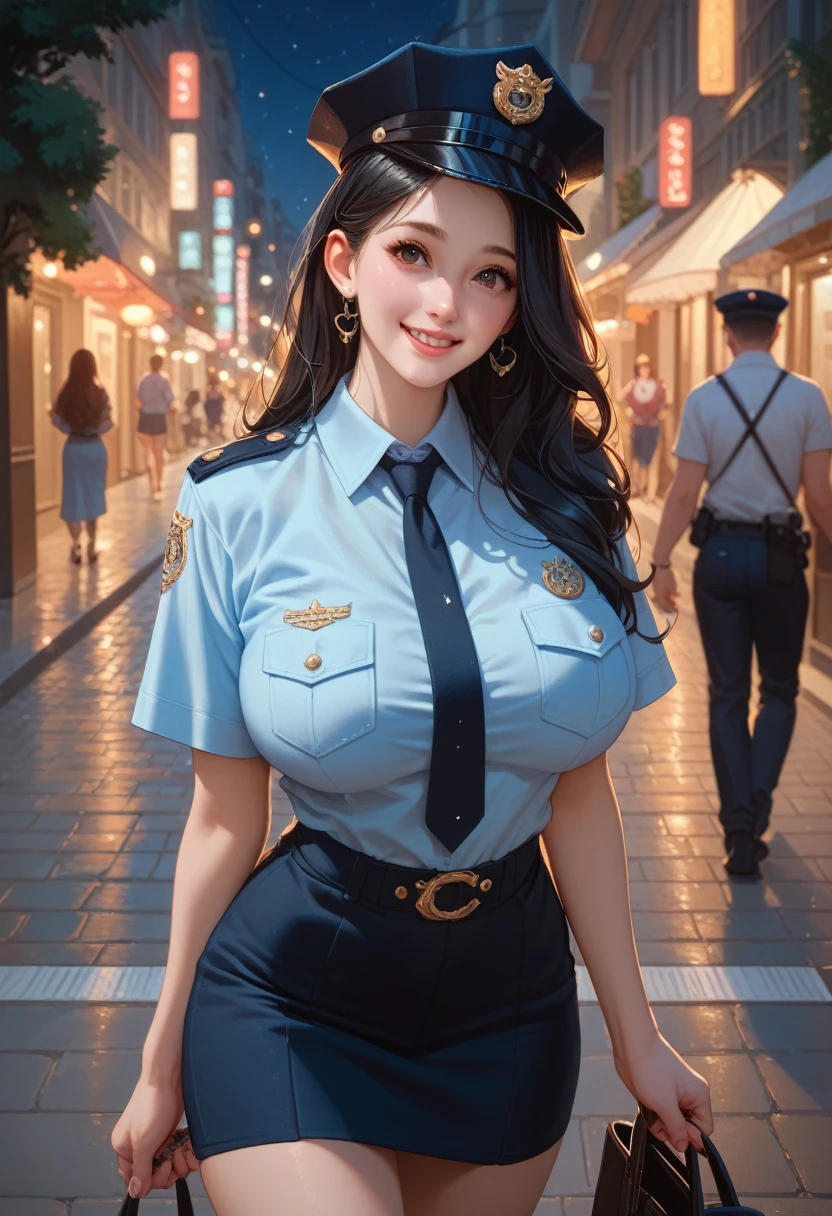 girl, cute, adorable, long black hair, tall, big breasts, police uniform, police hat, street, night