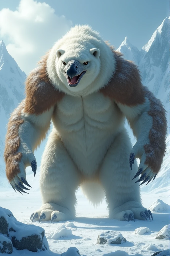 4K, masterpiece, detailded.💚（（tmasterpiece）），（（（best qualtiy））），（CharacterDesignSheet，Same role，frontage，Lateral face，on  back），concept-art，concept art of character，Character sketches，reference sheet，Role table,💚 A frontal image of the moment of a polar bear attack on Expectador . The polar bear attacks the spectator with his binges, the bear is furious . Animal rage rage . He wears a very torn and torn leather blanket as primitive clothing.. He attacks , dynamic angle. Full body photography Full body photography. Different angles and camera positions throughout.