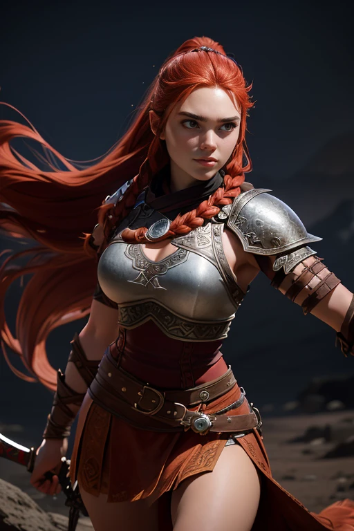  Young Viking woman , warrior,  long red hair tied in a single braid ,  amazonian body ,  generous hips , curvilinear,  woman wears leather armor with leather linings and Celtic and Nordic knots, fur skirt,  top quality ,  masterpiece, super detail,  lyrics,  cinematographic lighting.