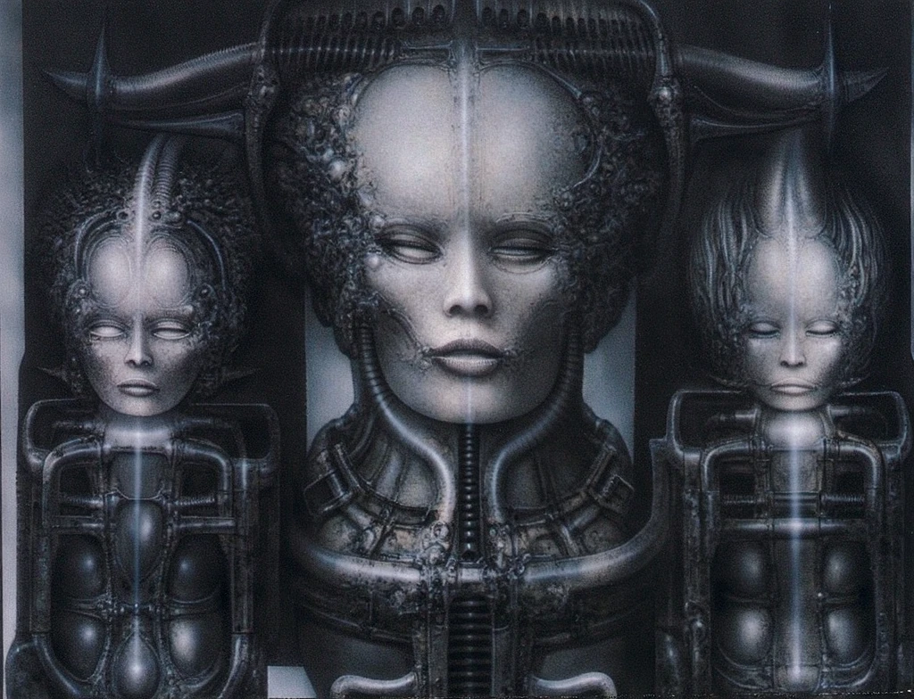 by hajime sorayama, ((masterpiece)), ((realistic)), (best quality:1.2), a painting of a robot sitting on a pile of skulls