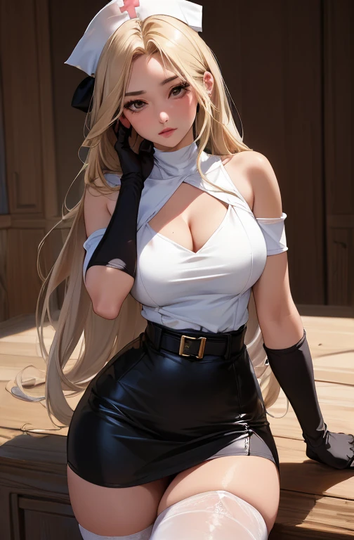 ((sexy)),(masterpiece, best quality:1.4), absurdres, highres, ultra detailed, beautiful, 1girl, (nurse), (perfect face, detailed face, beautiful:1.3), (natural breasts, cleavage), collarbone, fingerless gloves, gloves,spaghetti strap top, black pencil skirt, tight, over the knee skirt, hat, elegant nurse outfit, thighhighs, thick thighs, thighs, multiple belts, ((sexy)), SFW,((legs spread))More detailed 8K.motor irreal:1.4,UHD,La mejor calidad:1.4, fotorrealista:1.4, textura de la piel:1.4, obra maestra:1.8,obra-prima, mejor calidad,objeto Objeto], (detailed face features:1.3),(manos detailed)