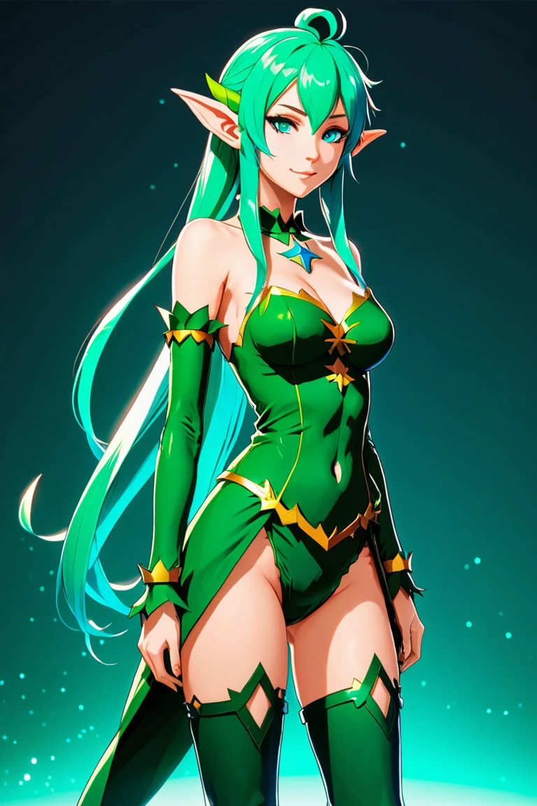 a portrait of a elf girl with freckles and bright striking blue eyes posing for a photo,full body, bare shoulders, muscular, fit, defined abs, thongs, (prominent cameltoe) white freckles, long flowing green hair flying, glowing radiance, beautiful pale makeup, color portrait, stunning portrait, elegant freckles, wearing black thongs with glowing runes of power, black gloves, star-shine, gold dust spread across her skin and her face, (dark, hyper-realistic photos (((portrait))) refraction ,Dark background of magical night forest, deep woods, towering ruins, starlight skies