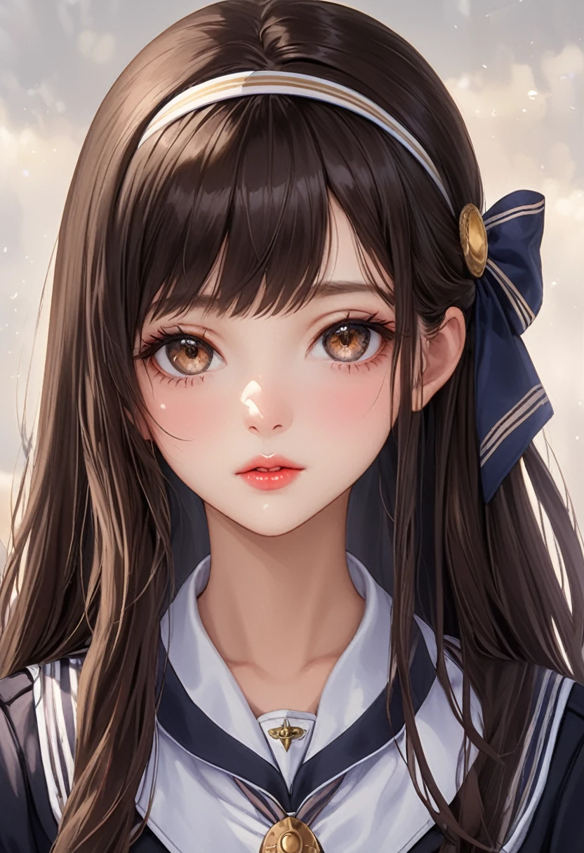 photorealistic, lip gloss, painting, realistic, best quality, ultra high resolution, depth, pastel color, natural shading, focus on face, face only, looking at viewer, long hair, hair accessory, black hair, brown and well-detailed eyes, uniform