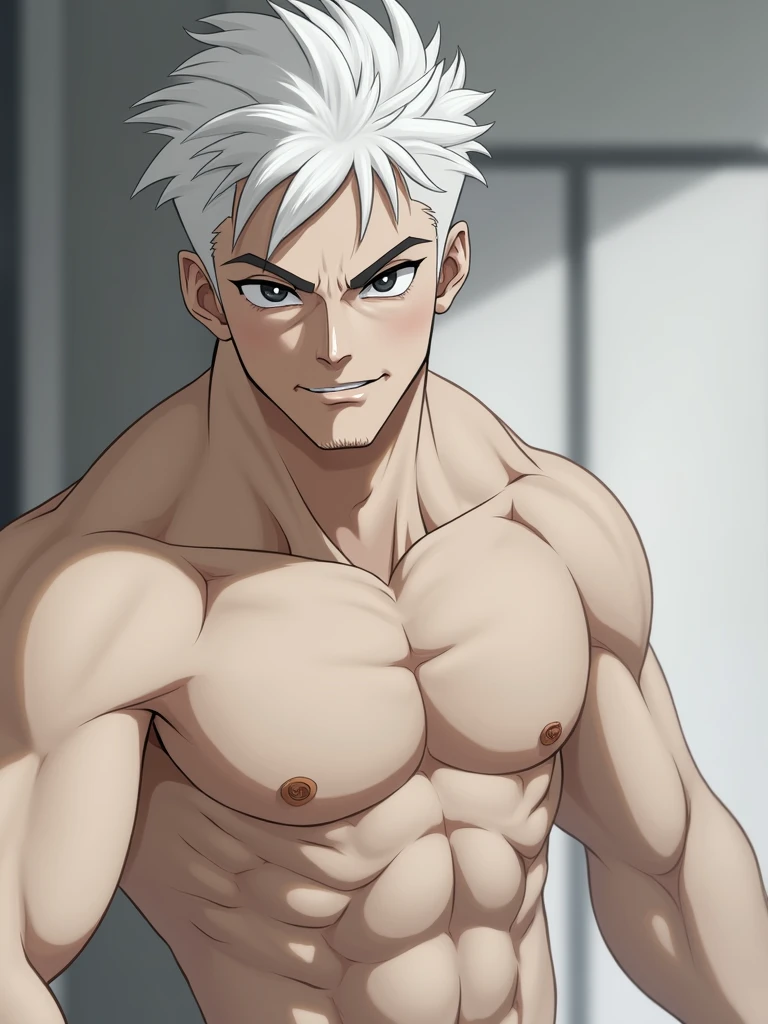 TAN SKIN, Teenage MAN, boy, (masterpiece, best quality), KujouCSA, break, 1boy, (Teenager), 15 years old, (((15 YEARS))) topless, shirtless, alone, muscular chest, chiseled abs, body full of muscles, yellow eyes, dark silver hair, (((DARK SILVERHAIR))) (DARK SILVER HAIR) spiky hair, hair shaved on the sides, wearing a tiny thong revealing huge muscular thighs, bulge in the crotch, evil smile, fang, intimidating expression, dark skin, dark-skinned man, attractive, teenager, toned pecs, muscular arms, bull neck, smile, aesthetics, look at viewer, upper body photo, university classroom, rest, garden manor. (((short spiked hair))) (((short spiked hair))) (((15 YEARS))) (((15 YEARS))) (((15 YEARS)))