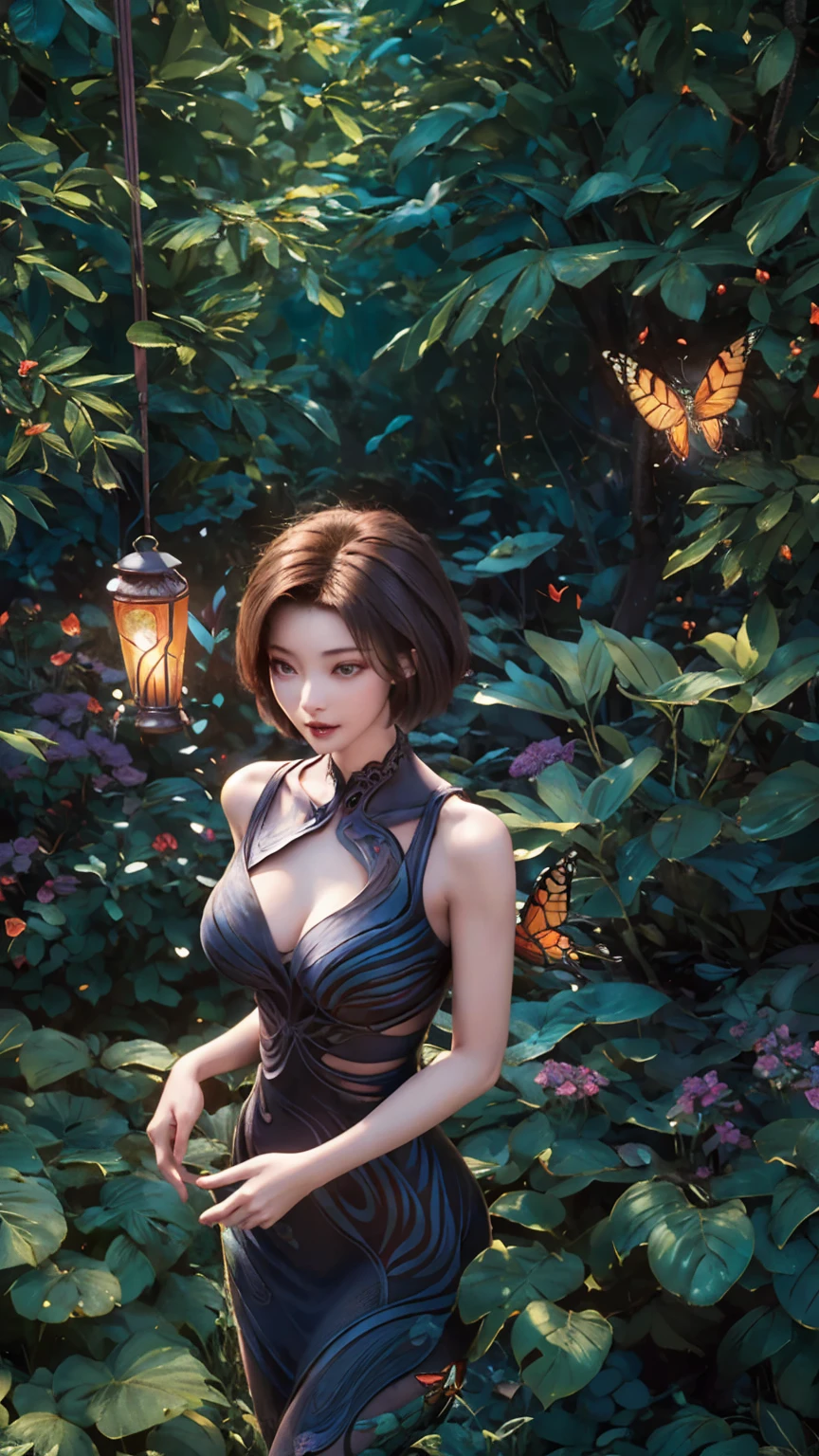 short hair, butterfly in hair, butterflies, lantern of butterflies, thin physique, beautiful face, beautiful body, breasts, waist, top view, against the background of trees and forest, beautiful figure, perfect body, tight dress, detail, beautiful eyes, hair flying in the wind, big tits