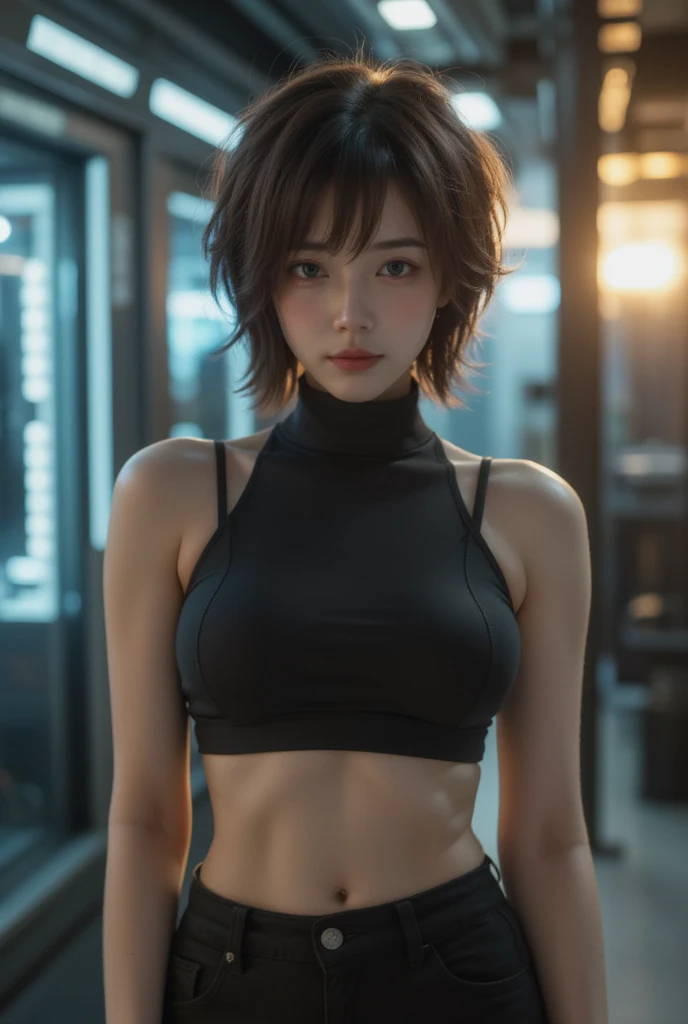 Skin Tight Black Top:1.2, Looking at Viewer, Cinematic lighting, Perfect, softlight, High resolution skin:1.2, Realistic skin texture, Realistic face, off shoulders, Exposed cleavage, Blue eyes, Short hair,dark brown  hair、
