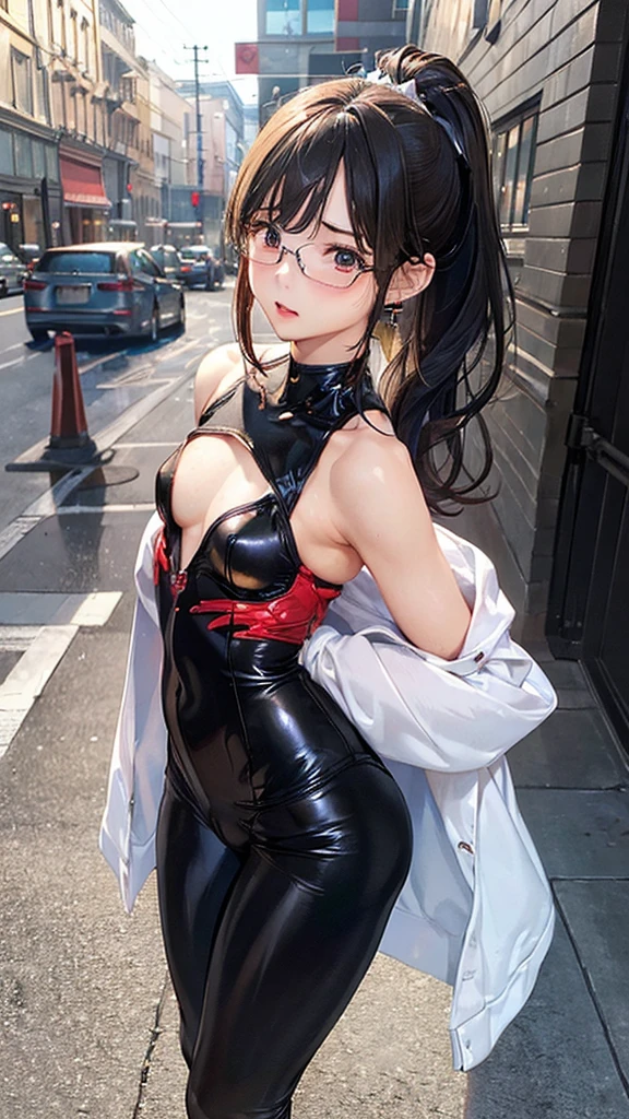 Young woman, sexy, black hair, On the street, black open panties, black turtleneck