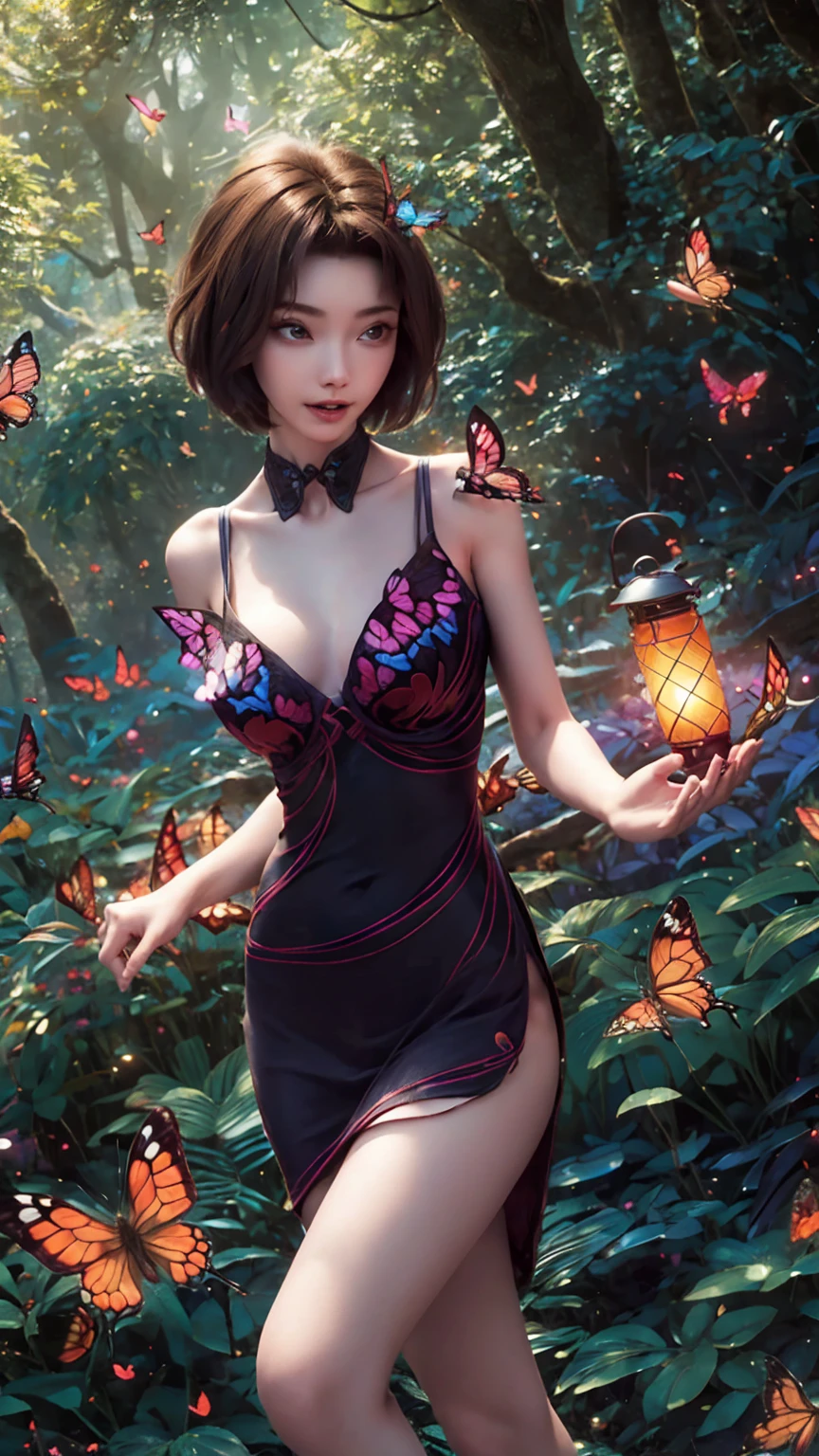 short hair, butterfly in hair, butterflies, lantern of butterflies, thin physique, beautiful face, beautiful body, breasts, waist, top view, against the background of trees and forest, beautiful figure, perfect body, tight dress, detail, beautiful eyes, hair flying in the wind, big tits , panties, bra, candid