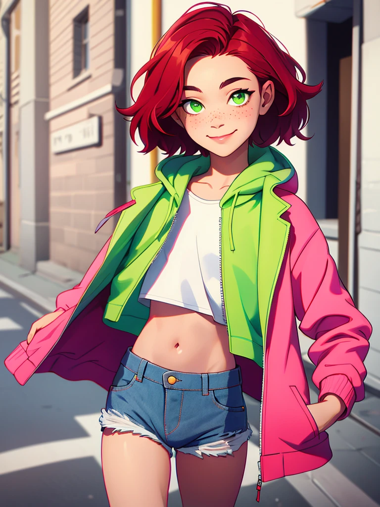 volumetric lighting, best shadows, shallow depth of field, portrait of a stunning boy, small, delicate, attractive face, seductive green eyes, happy smile, closed mouth, flat chest, (short red hair), freckles, thick eyelashes, open pink pop jacket, white mini t-shirt, open belly button, thin waist, jean shorts, walking on the street, (high quality, amazing details: 1.25), bright colored paintings, open shorts, showing panties, open button, open zipper, erection under clothes