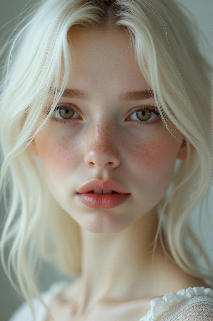 Facing the camera, 1 beautiful albino woman. Extremely slender, new, with freckles, symmetrical body, fully body, high quality 16k, hyper realist, cinematographic.