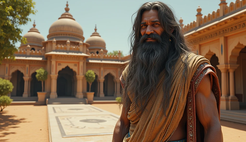 "Create an image depicting the sage Durvasa arriving in the grand city of Dwarka, known for its opulence and magnificence as the kingdom of Lord Krishna. The city should be portrayed with stunning architecture, golden temples, and bustling streets filled with people in traditional attire. Sage Durvasa, with a stern and commanding presence, is seen entering the city, his long hair and beard flowing, wearing simple ascetic robes. His expression is serious, reflecting his known temper and immense spiritual power. In the background, the splendor of Dwarka is visible, with ornate buildings, lush gardens, and the ocean nearby, symbolizing the divine connection to Lord Krishna."