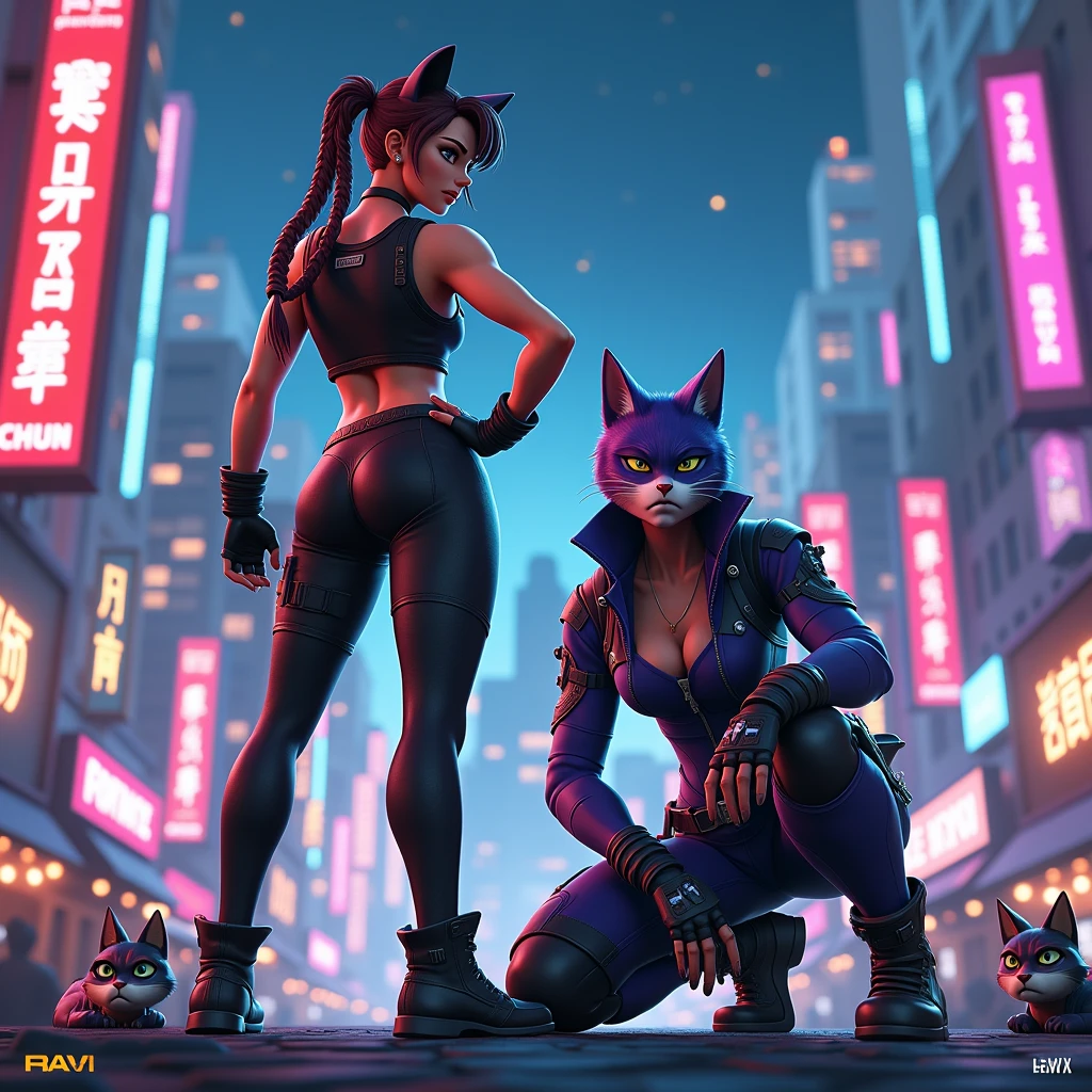 voroshilov, 1girl,solo,large breasts,(latex bodysuit),full-length zipper, partially unzipped, cleavage, collarbone, hand on hip, outdoors,cityscape, night,neon lights,