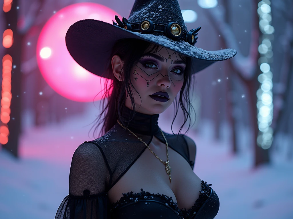 Realistic sugar skull steampunk woman with tattoo sleeves in front of a frozen lake