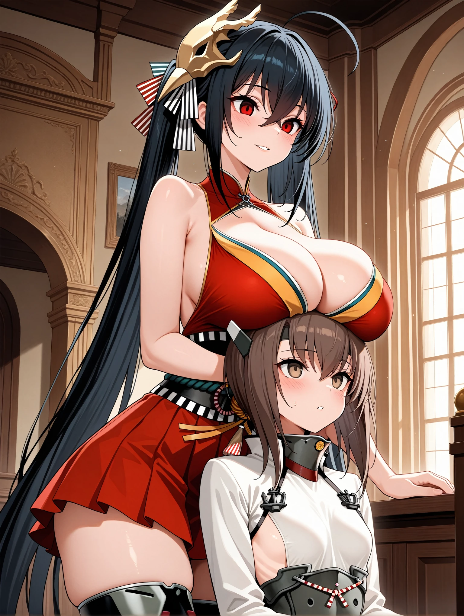 cowboy shot, 2girls,taihou \(azur lane\), breast rest,taihou \(kancolle\), palace, indoors,
,masterpiece,best quality,amazing quality,very aesthetic,absurdres,newest,