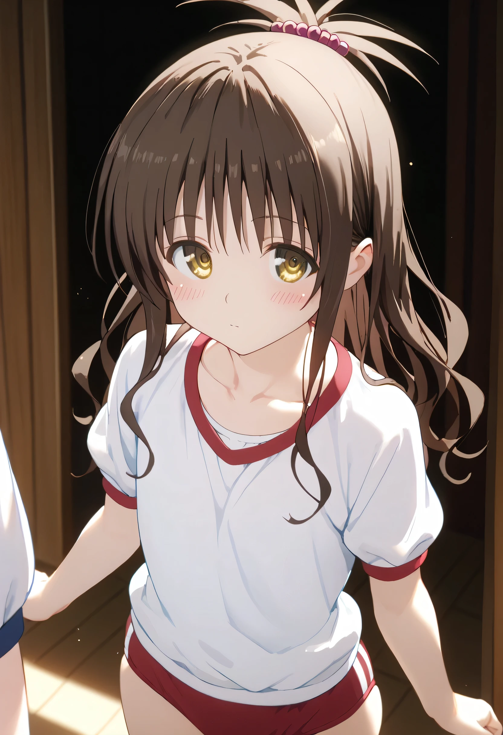 score_9,score_8_up,score_7_up,looking at viewer,blush,Yuki Mikan,long hair,brown hair,hair ornament,hair bobbles,sidelocks,bangs,yellow eyes,collarbone,flat chest,sgu,gym uniform, red buruma,cowboy shot,