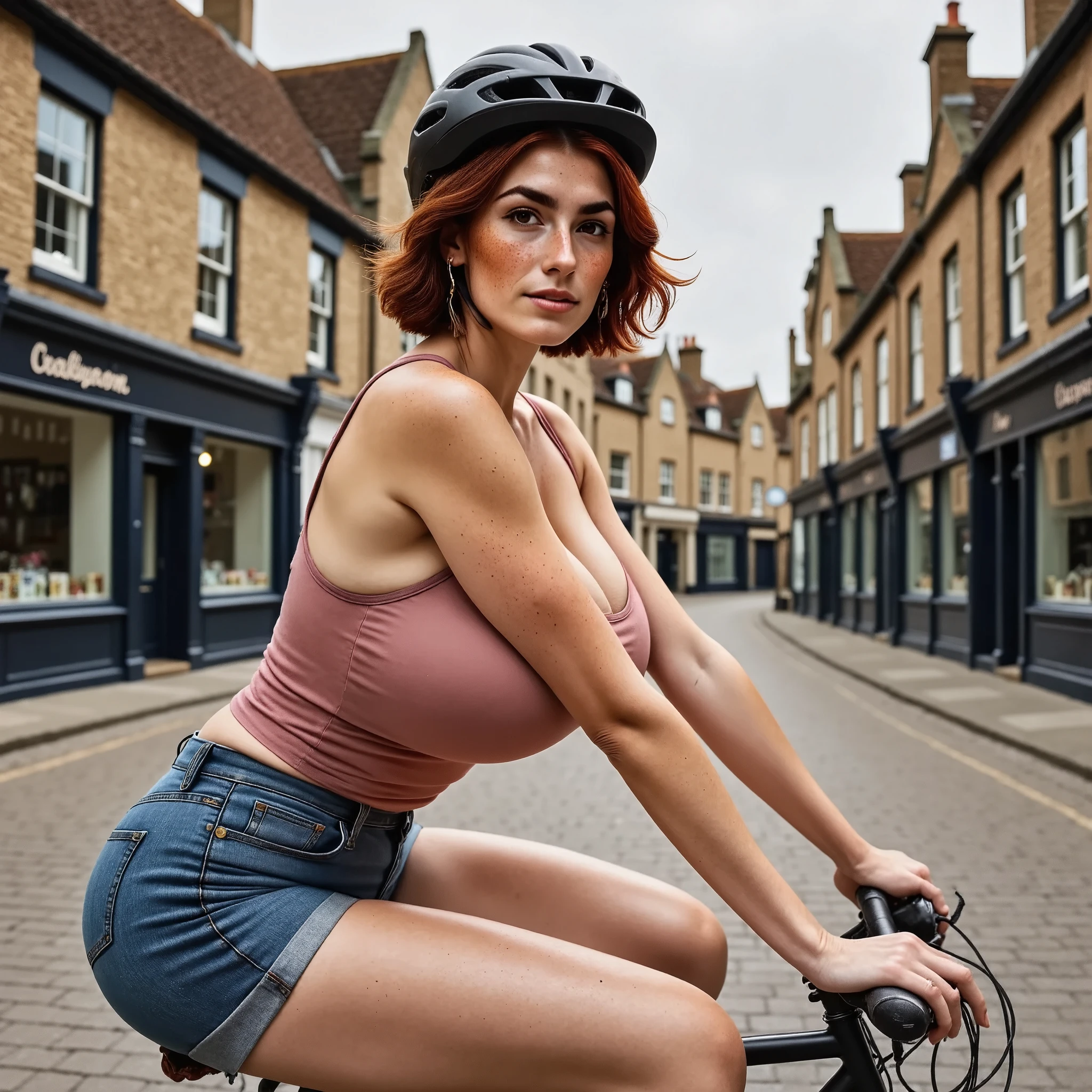 Photorealistic, side angle picture of a beautiful british woman, with brown eyes, downturned eye shape. She has high cheekbones and dark eyebrows. She has reddish-brown hair, light skin and freckles. She has denim shorts, gigantic hips, and a pink Spandex tank top. She is sitting on her bike waiting for the light to turn green. Her attire includes a bicycle helmet. The background is a rustic english town, cobblestone streets, rustic buildings. The picture is taken from the side, showing her body profile. Her face is turned to the viewer and she smiles. perfect hands