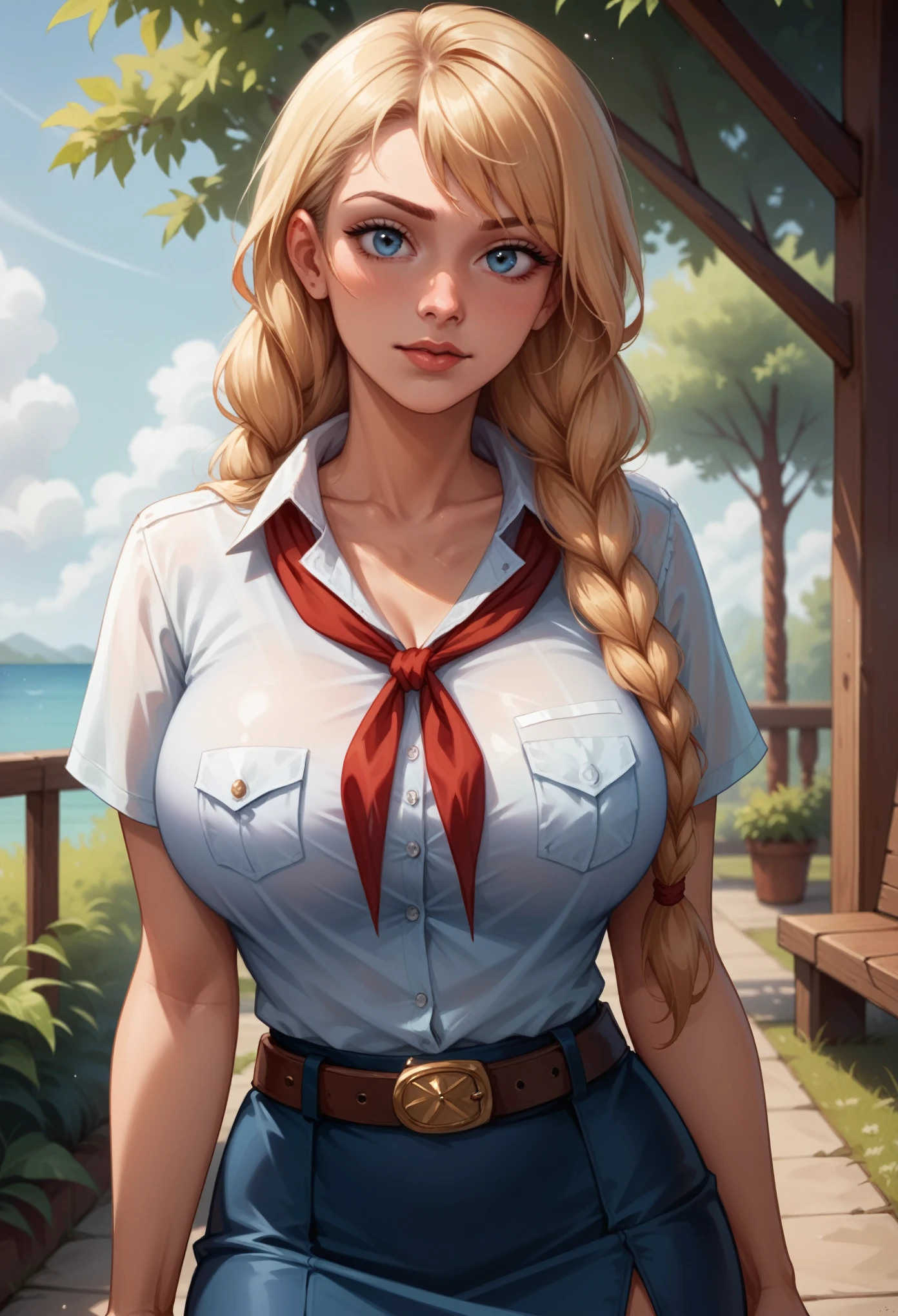 safe_pos, score_9, score_8_up, score_7_up, summer park, detailed eyes, (full body shot:1.2), 8k, (skinny body:1.2), curvy, (hands behind her back:1.2), seductive pose, (looking at viewer, 8k vector photography, , beautiful eyes, realistic lighting, detailed outfit, realistic facial features, hyper detail, (perfect angle, focus on face hips and breastegane)), (very long hair:1.3), long braids, huge bursting breast, pioneer neckerchief, micro blue tight skirt, bangs, collarbone, very tight white shirt, short sleeves, collared shirt, belt, eyelashes, red neckerchief, breast pocket, very light blonde hair, big blue eyes, LucyWilde1024, slavya, zal, detailed, full body shot, YR_GradLight