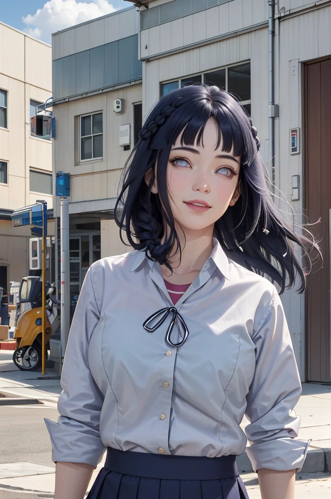 masterpiece, hinata\(boruto\), 1girl, solo, young female, ((((high school uniform)))), (high School), outdoors, looking at viewer, cloudy sky, perfect composition, detailed lips, school building, big breast, beautiful face, body propotion, blush, (pink lips), ((long hair)), purple eyes, soft gaze, sad smile, super realistic, detailed, photoshoot, realistic face and body, realistic hair, realistic eyes, realistic nose, realistic lips, (((dark blue hair))), 19 years old girl, flowing skirt