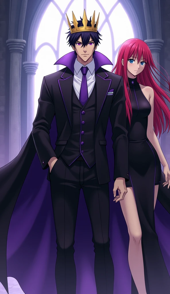 masterpiece: 1.2, best quality), realistic, (1 couple), 1 woman (GREEN hair), bright eyes, Morrigan Aensland, succubus, 1 man (PURPLE hair), seductive look, suit, gothic, cemetery, moonlight, dead trees, dry leaves, holding hands, (perfect hands)