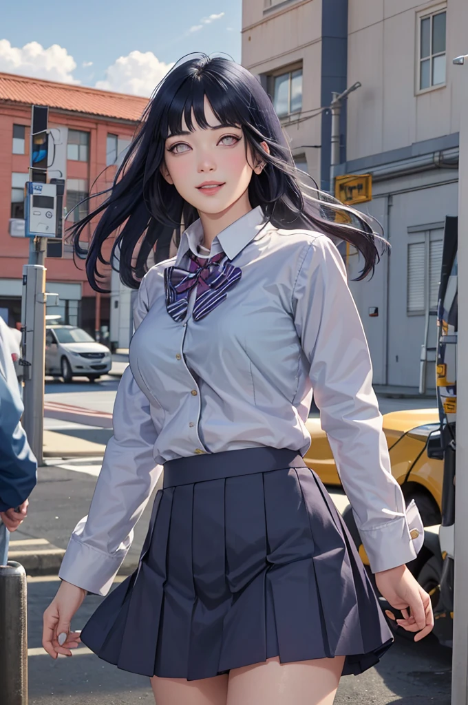 masterpiece, hinata\(boruto\), 1girl, solo, young female, ((((high school uniform)))), (high School), outdoors, looking at viewer, cloudy sky, perfect composition, detailed lips, school building, big breast, beautiful face, body propotion, blush, (pink lips), ((long hair)), purple eyes, soft gaze, sad smile, super realistic, detailed, photoshoot, realistic face and body, realistic hair, realistic eyes, realistic nose, realistic lips, (((dark blue hair))), 25 years old girl, flowing skirt