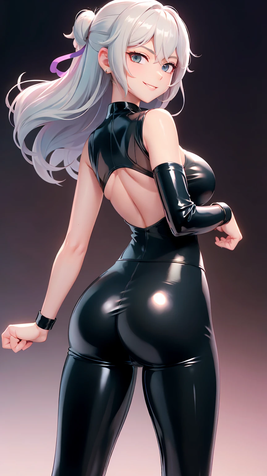 A white-haired royal sister，Wear a tight one-piece translucent gel suit，Pouting ass，Turn your head to look at the camera，Giant tits，Giant buttocks，Twist braids，realperson，4K